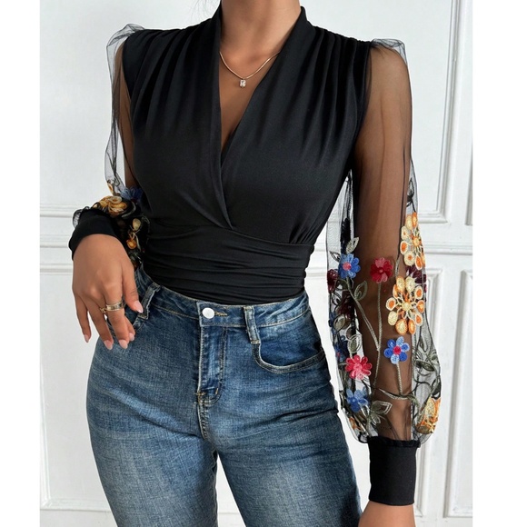 Luxe Floral Crochet V neck Fitted Semi Sheer Long Sleeve Top - Picture 2 of 6